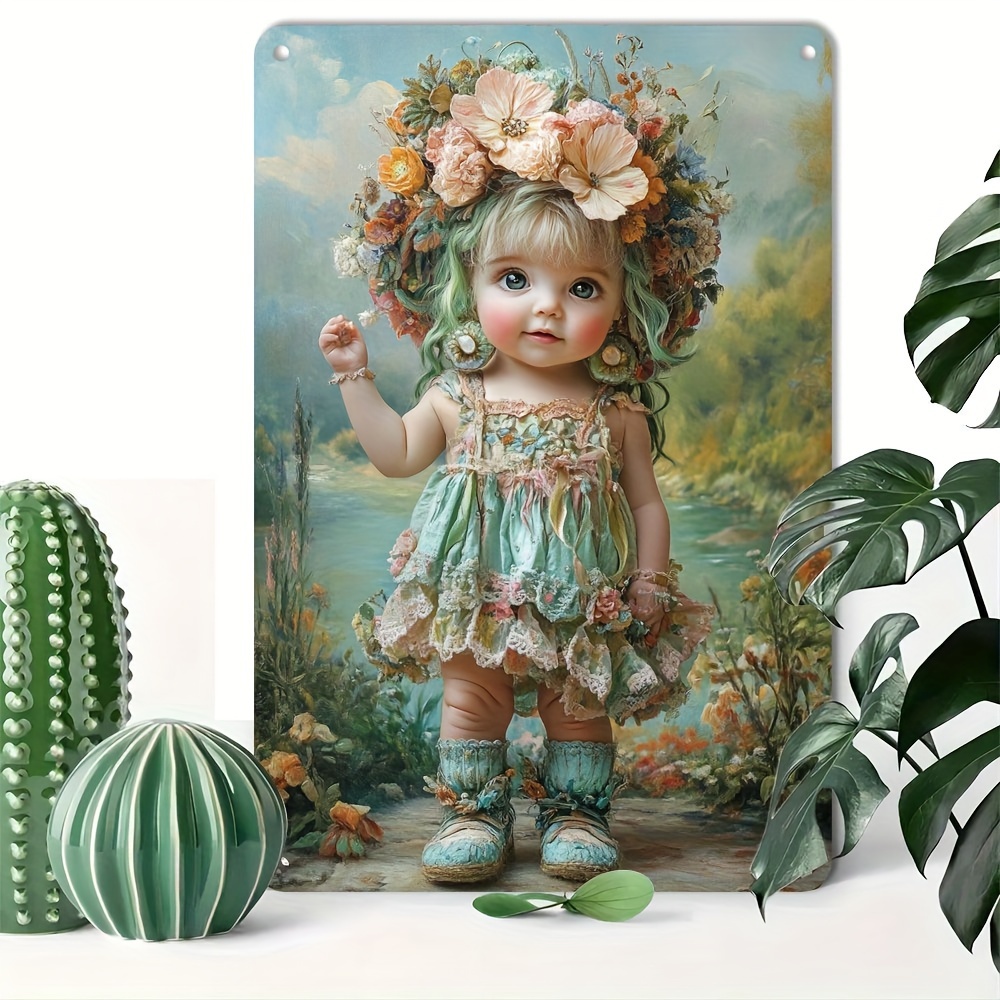 

Vintage-inspired Reusable Aluminum Tin Sign - Decorative Floral Doll Metal , Weather-resistant Plaque For Home & Bar, Pre-drilled For Easy Hanging, Applicable For 14 & Up, 8x12 Inches