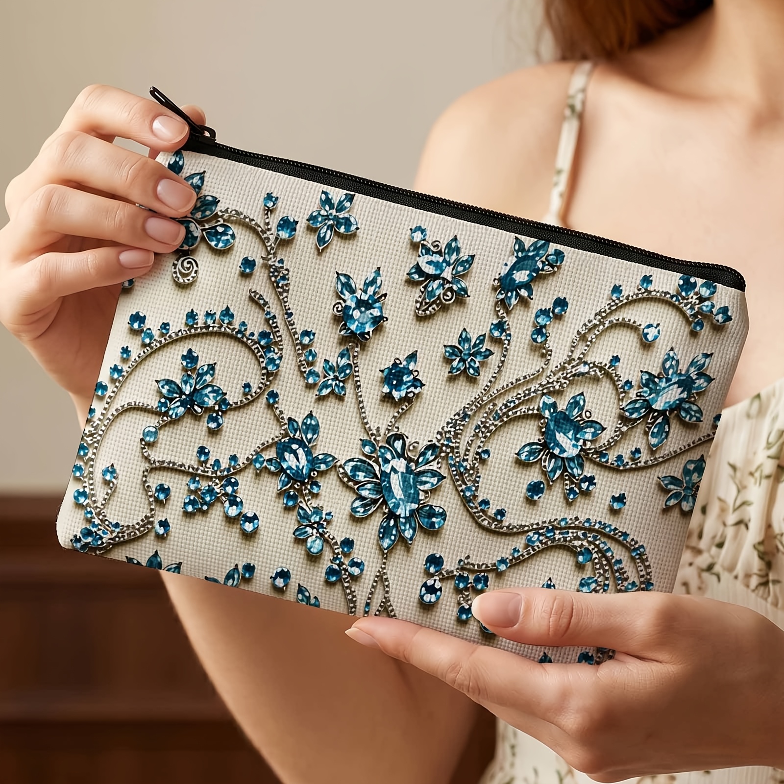 TEMU Trousse de Cosmétique 2D à impression plate, élégant motif floral en cristal bleu, pour les , les fêtes ou l'utilisation quotidienne, créant un