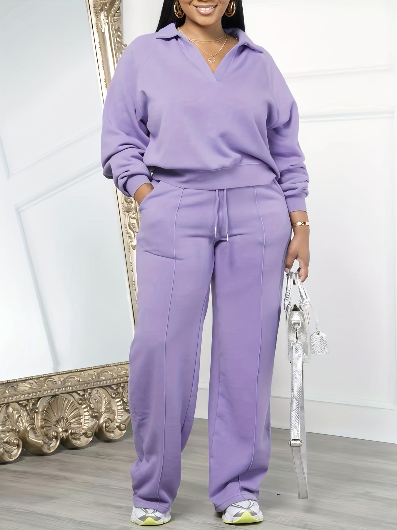 a stylish and casual loose fitting solid color womens pants set designed for vacation Product details 0