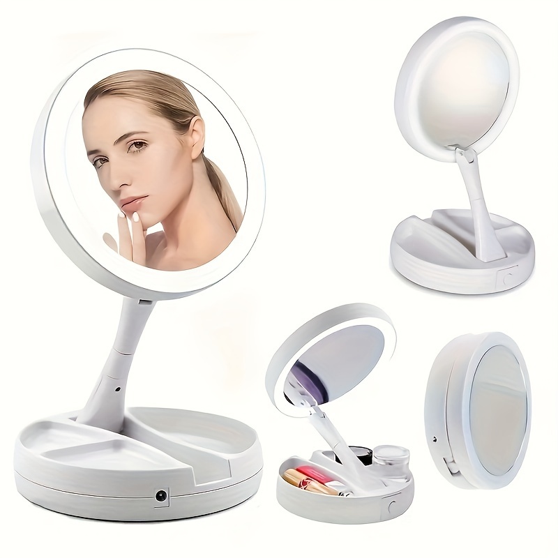

1pc Led Makeup Mirror Battery Box/usb Dual Purpose Double-sided Mirror Portable Folding Vanity Mirror With Light & 10x Magnification