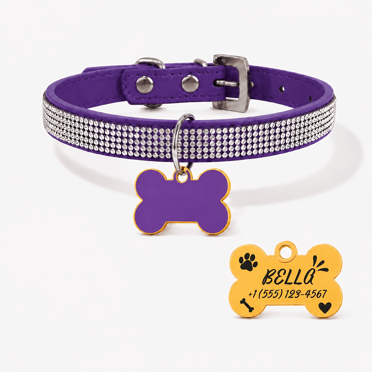 Diamond-Studded Pet Collar with Engravable Bone Dog Tag