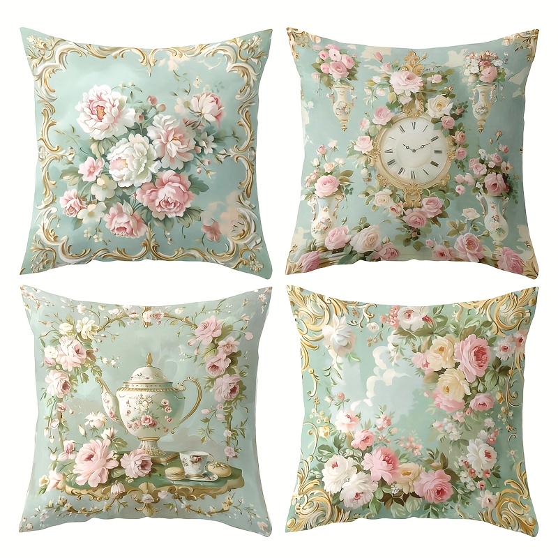Image of 4pcs Set, Sofa Pillow Cover, Rococo Style Floral Wallpaper Pillowcase, 17.7 Inches * 17.7 Inches, Single-sided Printing, Home Decoration, Sofa Lumbar Support Cover, Pillow Cover Without Pillow Core