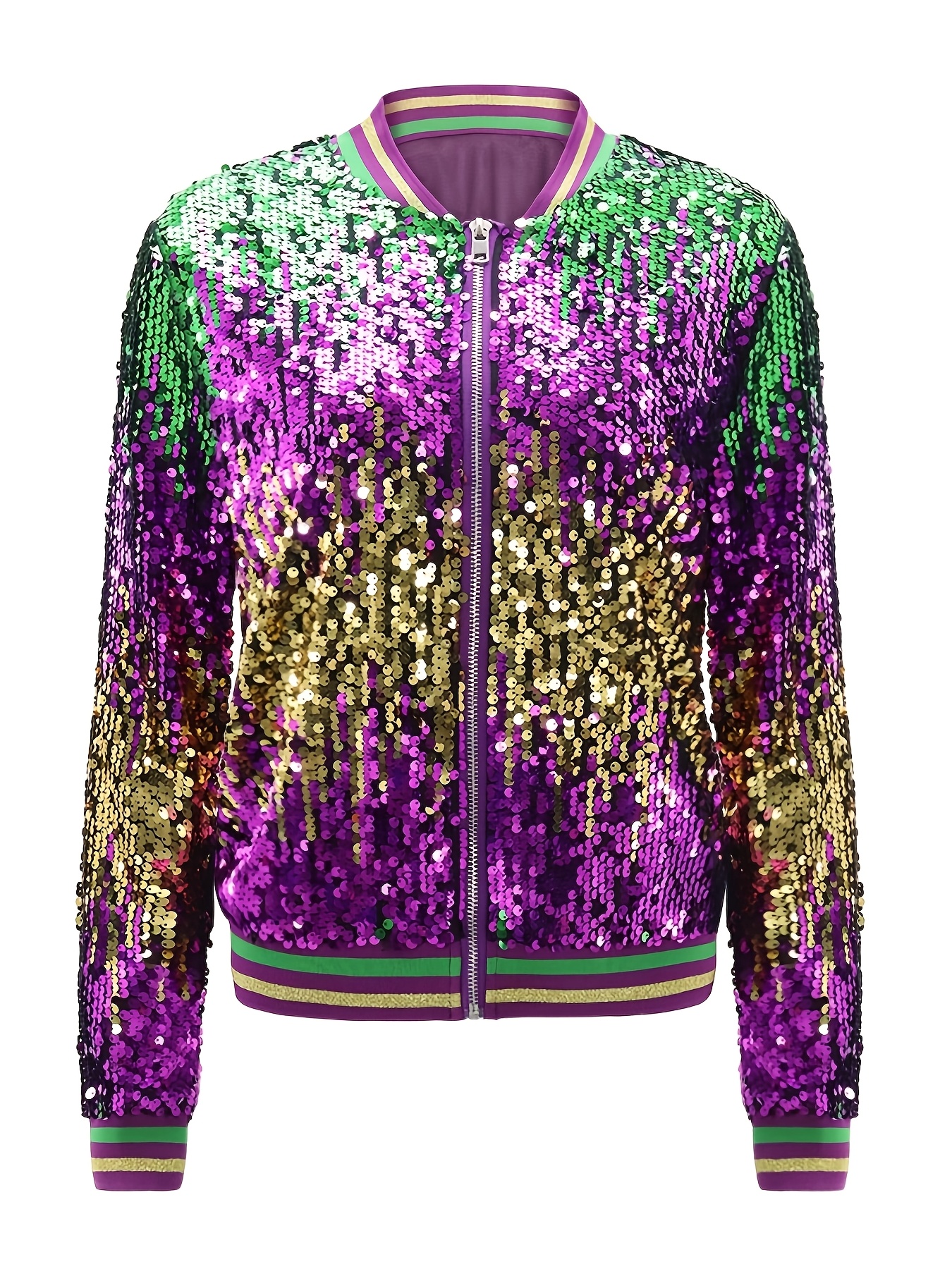 Women's Purple Golden Sequin-Embellished Casual Jacket Long Sleeve  Round Neck Coat for Party Casual Attire, Spring/Fall Outerwear with  Colorful