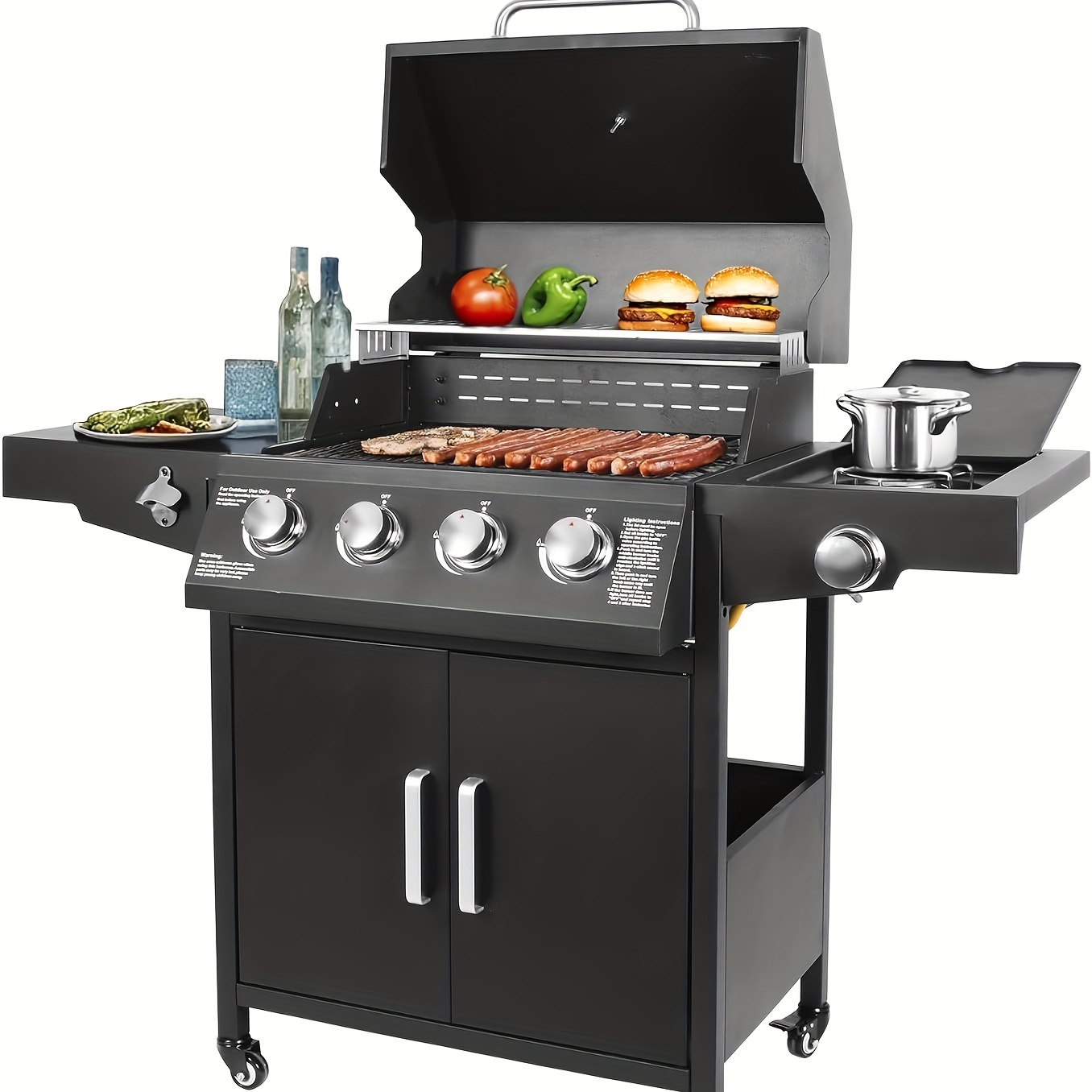 

Propane Gas Grill 4 Burners With Side Burner Freestanding Grill Cart With Wheels For Outdoor Garden Cooking , Black