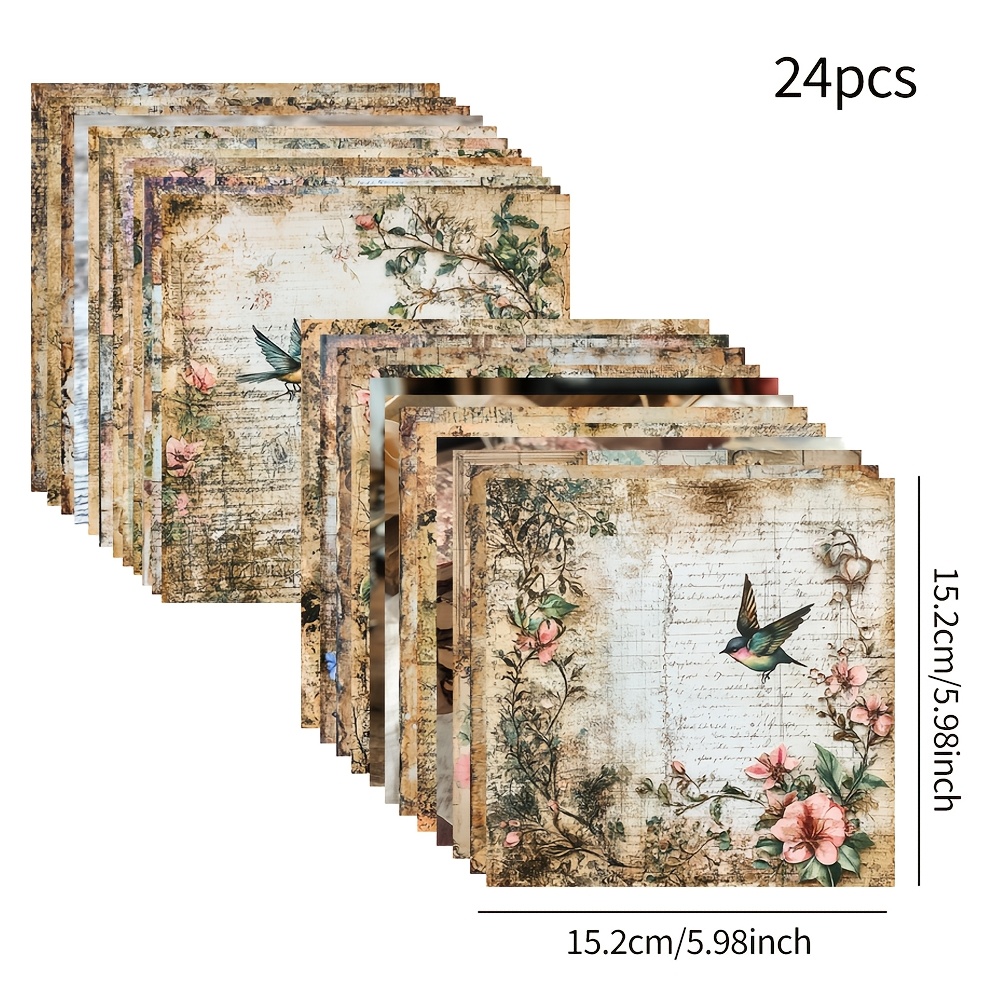 TEMU 2d Flat 24 Sheets Unique 6x6 Inch Vintage Old Book Page Printed Paper Flower Letter Pattern Junk Journal Paper Retro Old Newspaper Style Collage