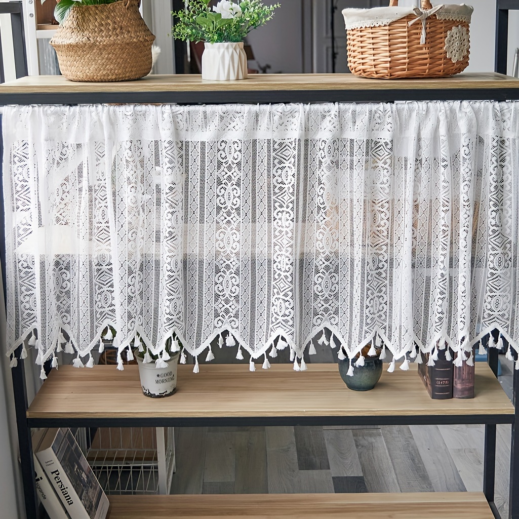 boho geometric pattern lace tassel cafe curtain tiers polyester woven semi sheer rod pocket kitchen window curtains with thermal insulated feature hand wash only   uncorded details 0