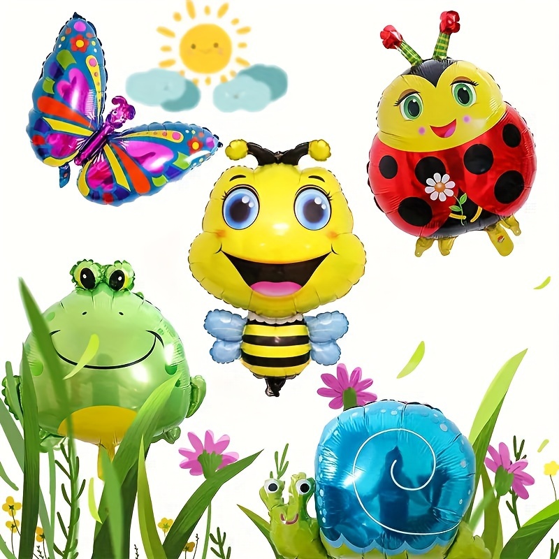 

whimsical Forest" 5-piece Forest Animal & Insect Foil Balloons Set - Bee, Butterfly, Frog, Snail Designs For Birthday Parties, Spring Celebrations, And Garden Decor