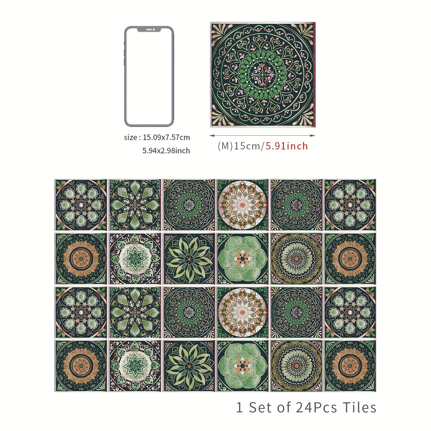 Image of 48pcs Moroccan Mandala Tile Decals - Waterproof & Self-adhesive Vinyl, Easy Diy Wall Decor For Kitchen & Bathroom, 5.91" Rectangles