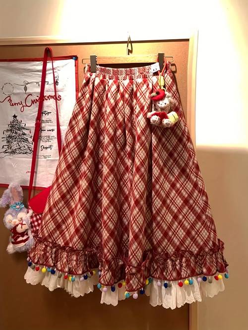 christmas vintage cute print skirt red diamond check pattern with lining stretch waist a line with tassels and colorful pom poms for women