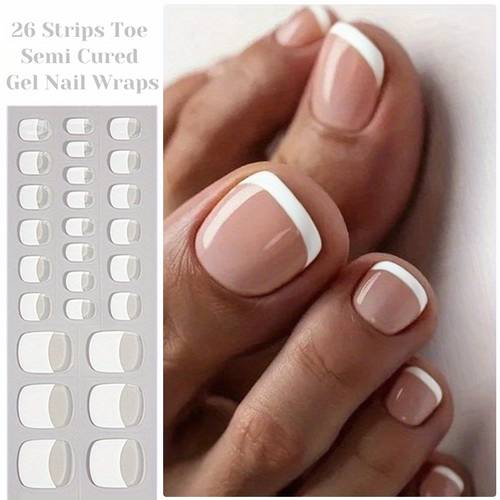 26strips Toe Semi Cured Gel Nail Strips Glitter Gel Nail Stickers French Gel Nail Wraps Gel Polish Stickers Nail Art Manicure for Summer Nails s Women Home Nails Manicure Tools