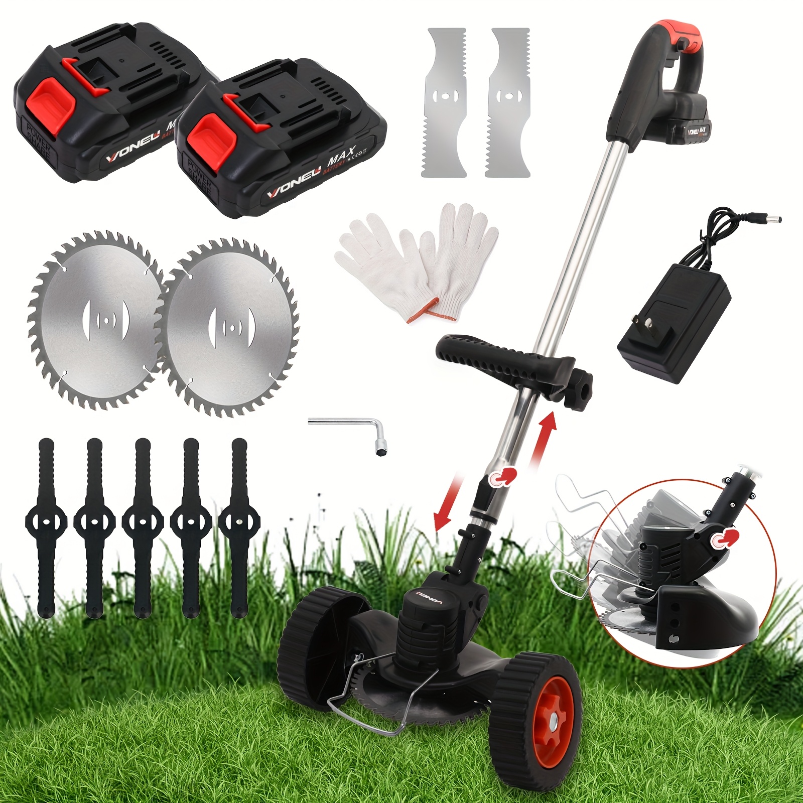 

Electric Weeder With Wheels, 2* Battery, 5* Plastic Blade, 2* Alloy Blade, 2* Alloy Saw Blade With Wheels + Gloves, Cordless Lawn Mower/mini Mower/irrrigation Mower