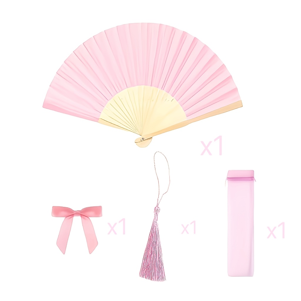 Image of 4pcs Pink Wedding Gift Fan Set, Women's Handheld Folding Fans, Pink Bow, Tassels, Transparent Mesh Bag, Wedding Party Decoration. Suitable For Wedding Favors, Bridesmaid Group Photo Props, Summer Fans