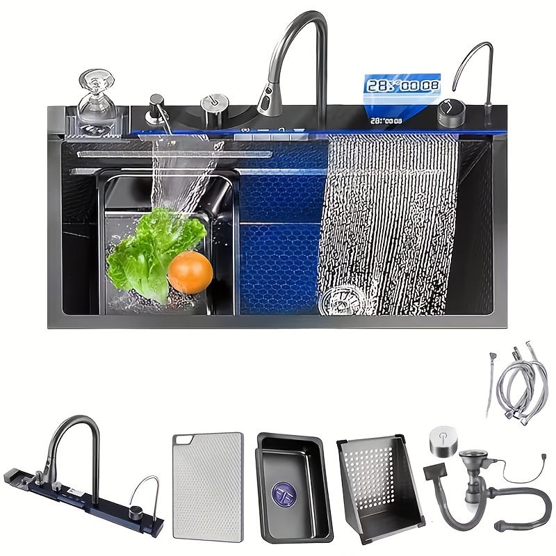 TEMU Évier de Cuisine Intelligent en Acier Inoxydable à , Bac Unique avec Affichage Numérique, Design Nano, Évier Moderne Multifonction avec Tirette,