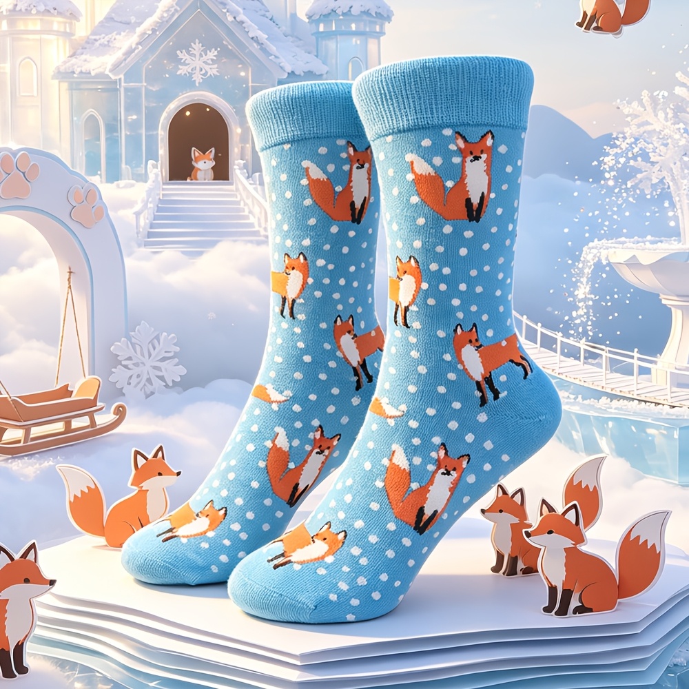 1-pair Blue Fox Socks - Cute Fox Face Ears & Tail, Hand Washable Tights Suitable For Themed Outfits, Parties, Casual Attire