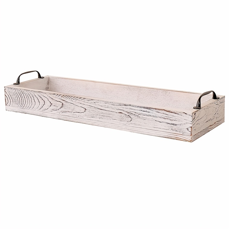 Rustic Style Wooden Tray Rectangular With Handle, 41cm Long Storage Box Desktop Decor Shelf Suitable For Living Room Bedroom Balcony Study Bathroom Storage (distressed White) (non-food Contact)