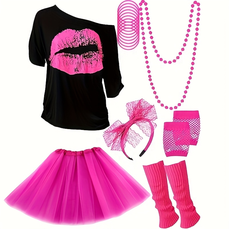 E-shop 7-teiliges Neon-Kostüm-Set der 1980er – Lippen-Print-Shirt, Perlenkette, Tutu-Rock & Accessoires für 80er-Jahre-Partys, Raves, Cosplay