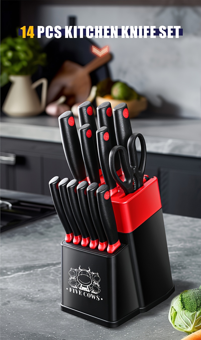 14pcs Kitchen Knife Set | High Carbon Stainless Steel Blades, German Stainless Steel, Dishwasher Safe, Built-in Sharpener, Non-Slip Handles, Ambidextrous, Black and White