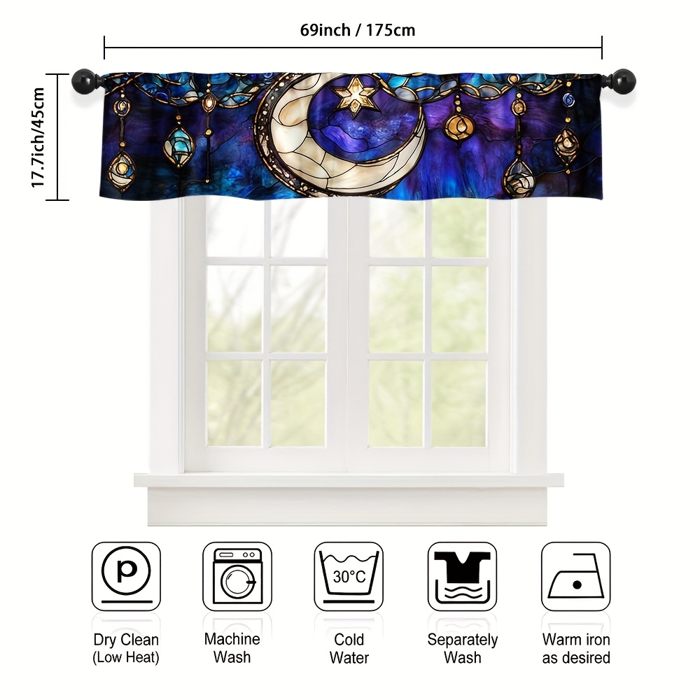 TEMU 2d Flat, 1pc Stained Glass Curtain Panel - Gothic Boho Window Valance With , Blue//purple/black/, Semi-sheer Fabric, Rod Pocket For Bathroom,, -