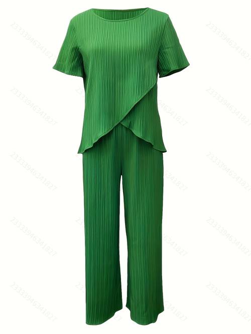 womens casual spring and summer two piece set including an elegant round neck layered dress top and trousers