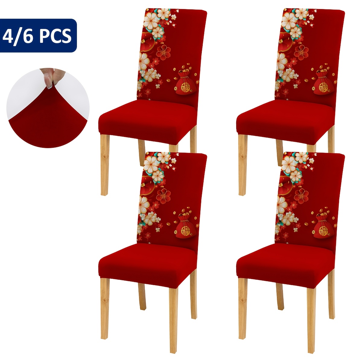 

Set Of 4/6pcs Of Red Floral Stretch Chair Covers , Home Decoration And A In Dining Rooms And Living Rooms Year.