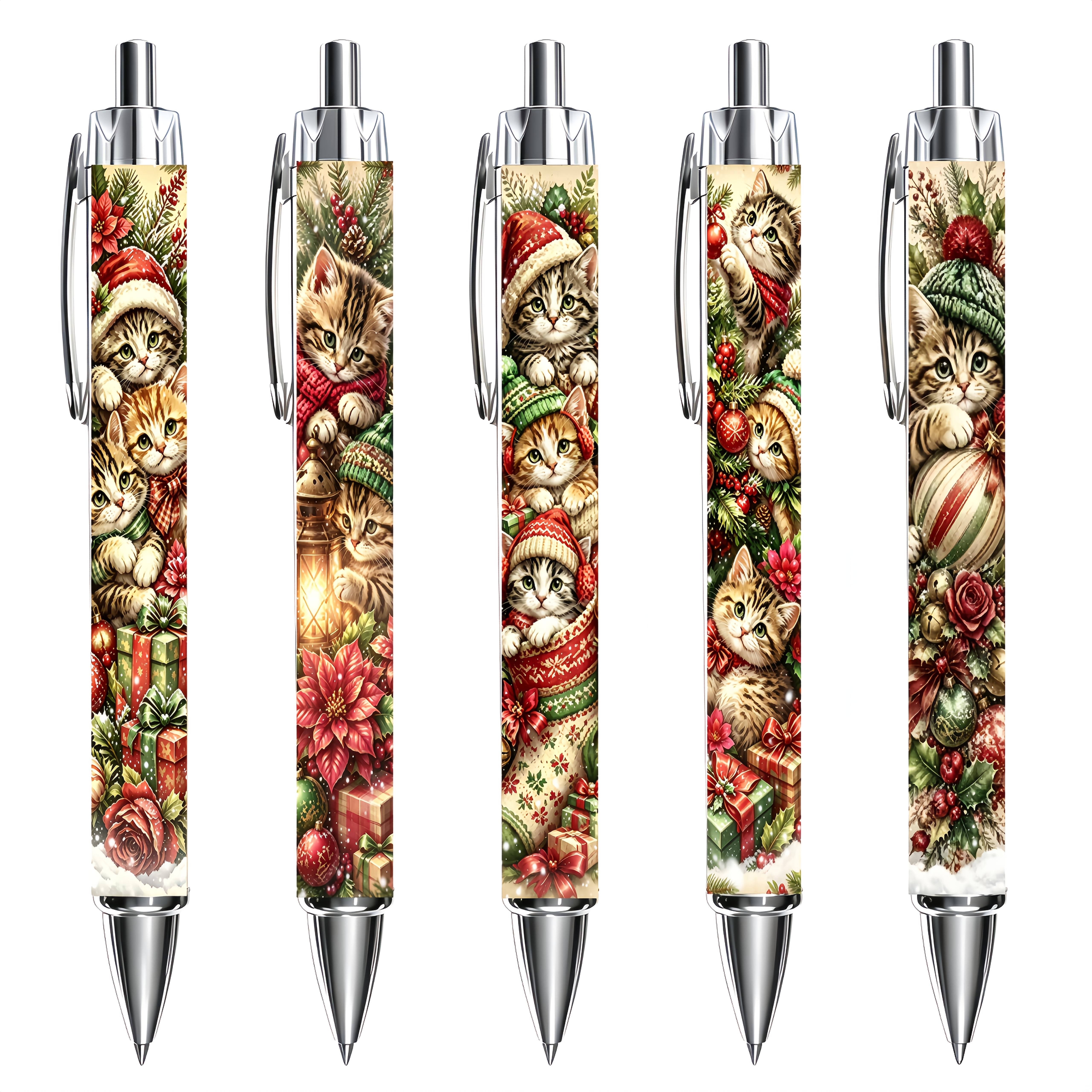 TEMU 5pcs Christmas Retro Kitten Click Pens, Cute Christmas Kitten Printed Ballpoints, Retro Literary Writing Pens, Christmas Creative Gifts, Student