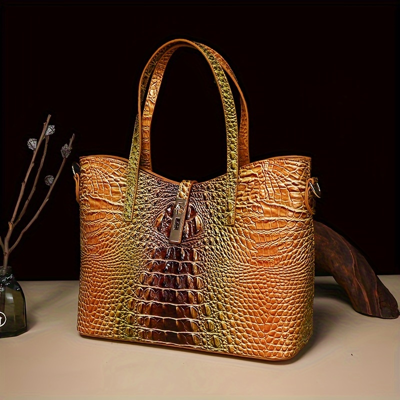 3-Piece Crocodile Print Handbag Set - Fashionable Vintage Style, Multi-Functional Top Handle Crossbody, Business Clutch & Coin Purse - Spacious, Secure, Ideal For Everyday Chic