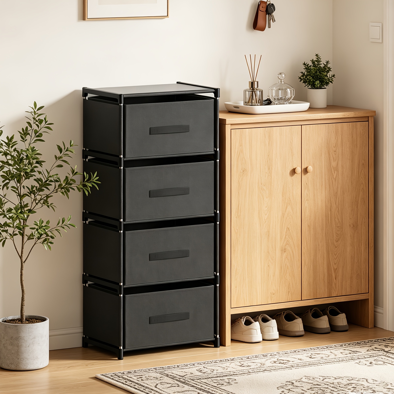 TEMU Schrank mit 4 Stoff-Schubladen, stabilem Stahlrahmen, Kommode für Schlafzimmer, Wohnzimmer, Flur, Kleiderschrank-Organizer mit Griffen, Schwarz,