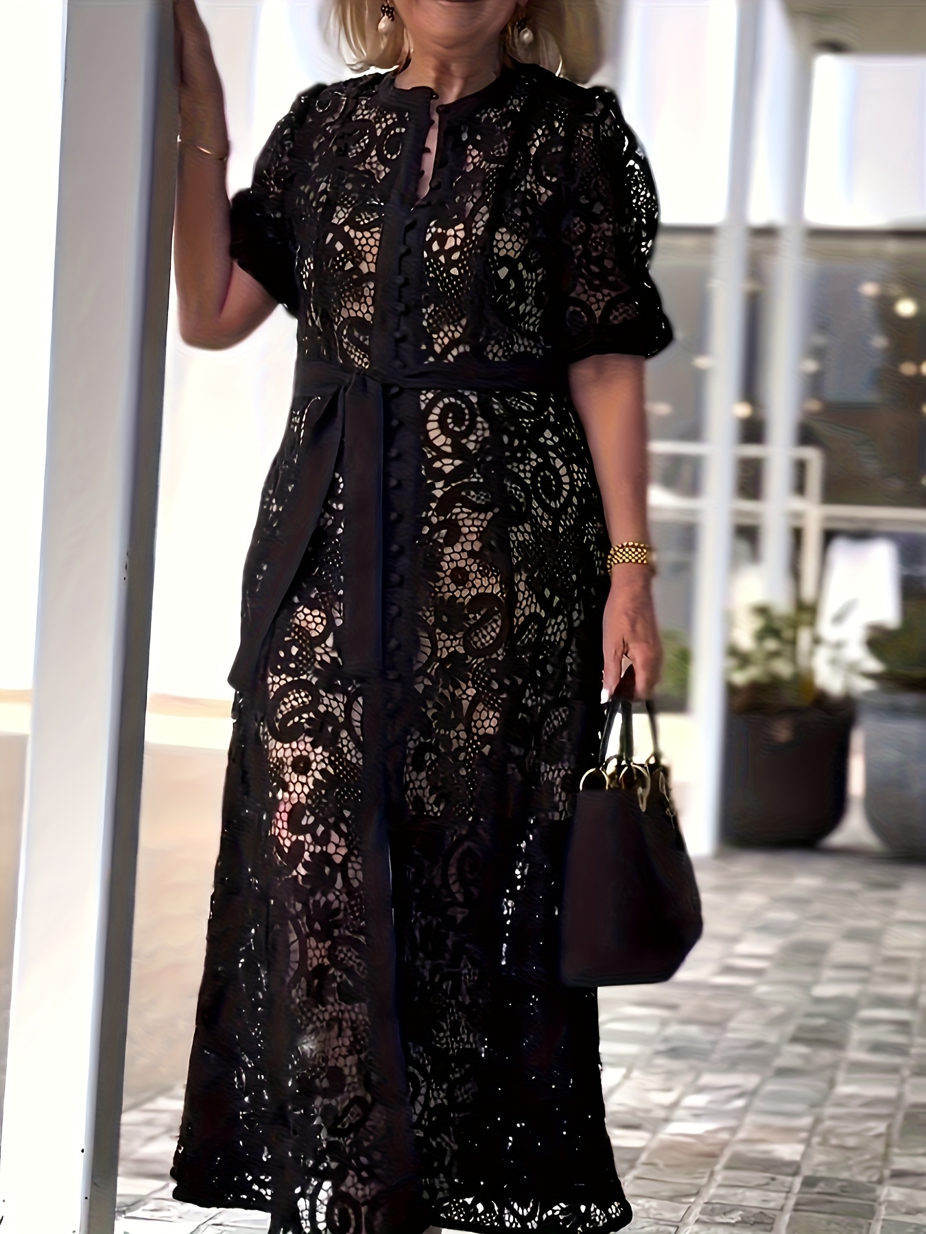plus size plus size a short sleeved button dress a lace - Temu Germany