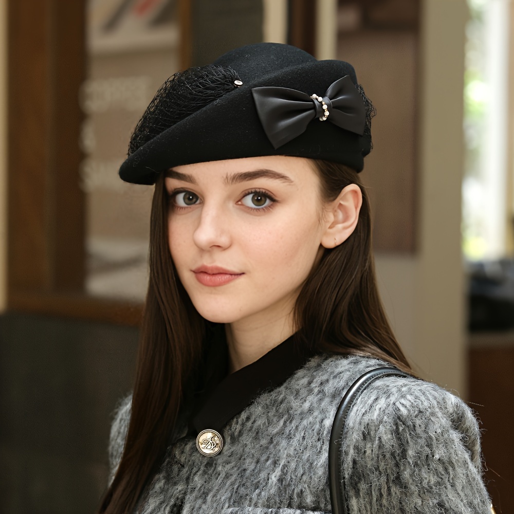 french mesh elegant bow hat wool wool beret - Temu display picture 3