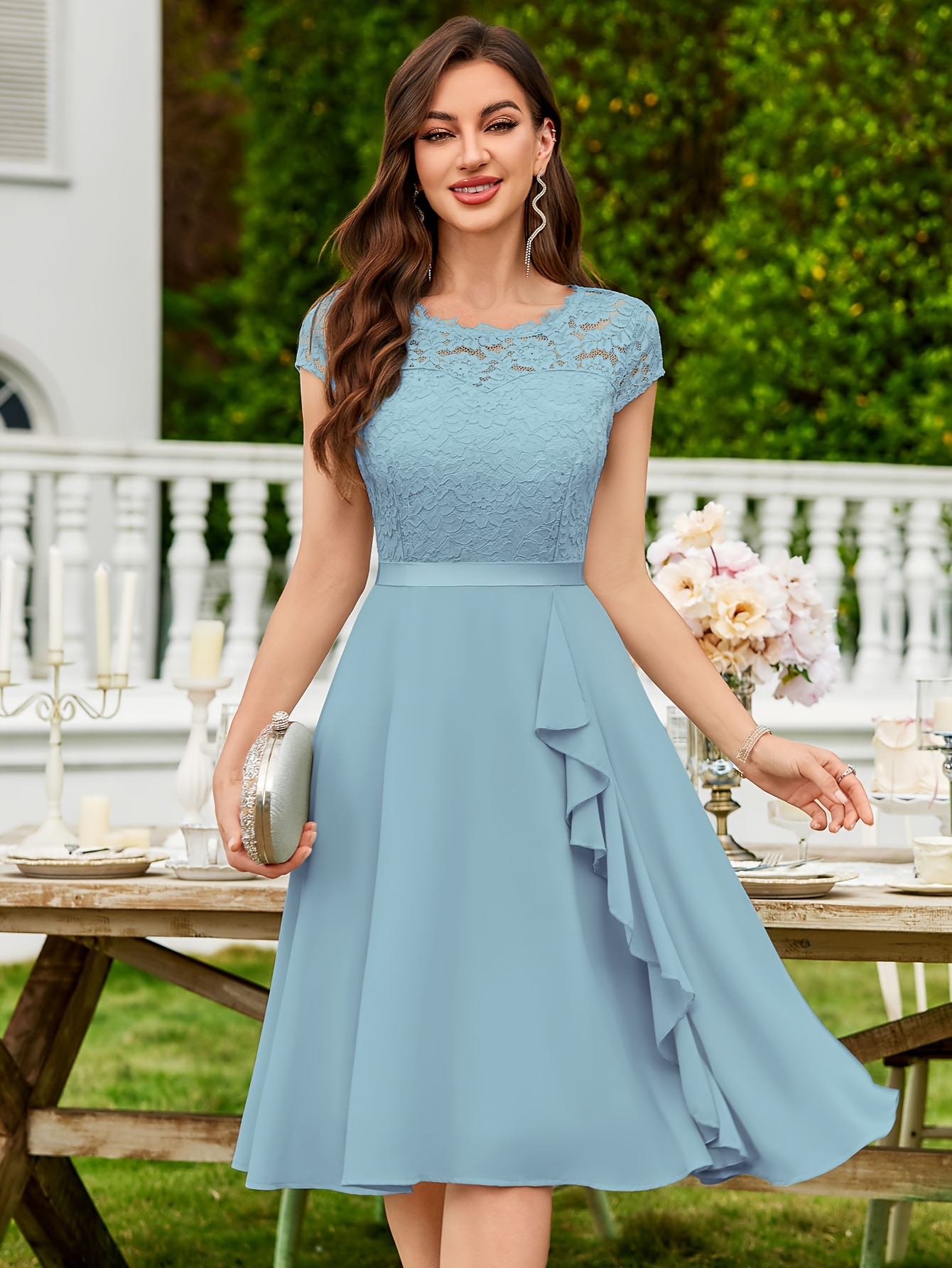 womens elegant lace contrast chiffon ruffle classy formal - Temu