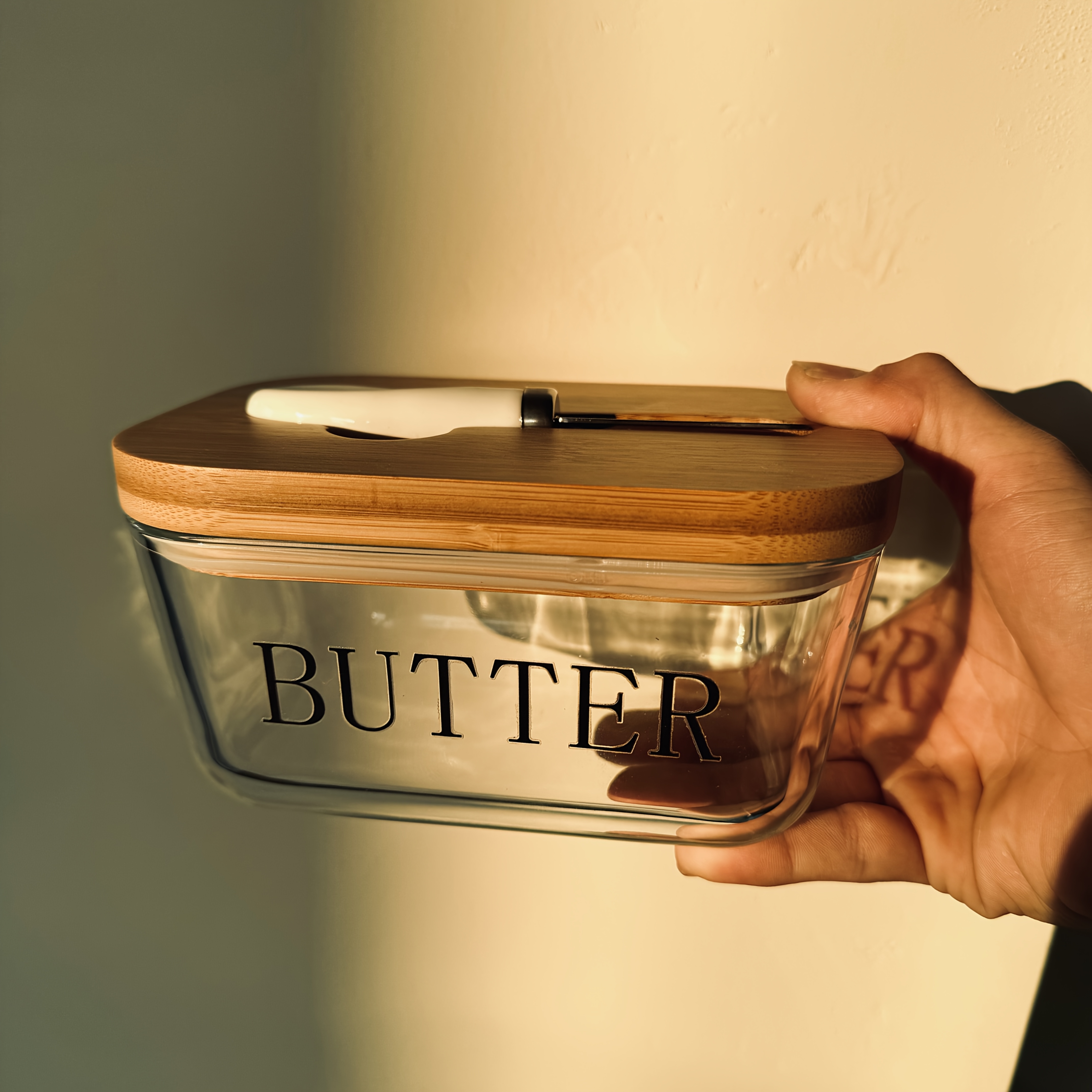 Image of 1pc, 700ml/25oz Capacity, Butter Dish With Clear Glass Box With Bamboo Lid, Suitable For All Butter Sizes, A Great Gift For The Kitchen And Dining Room