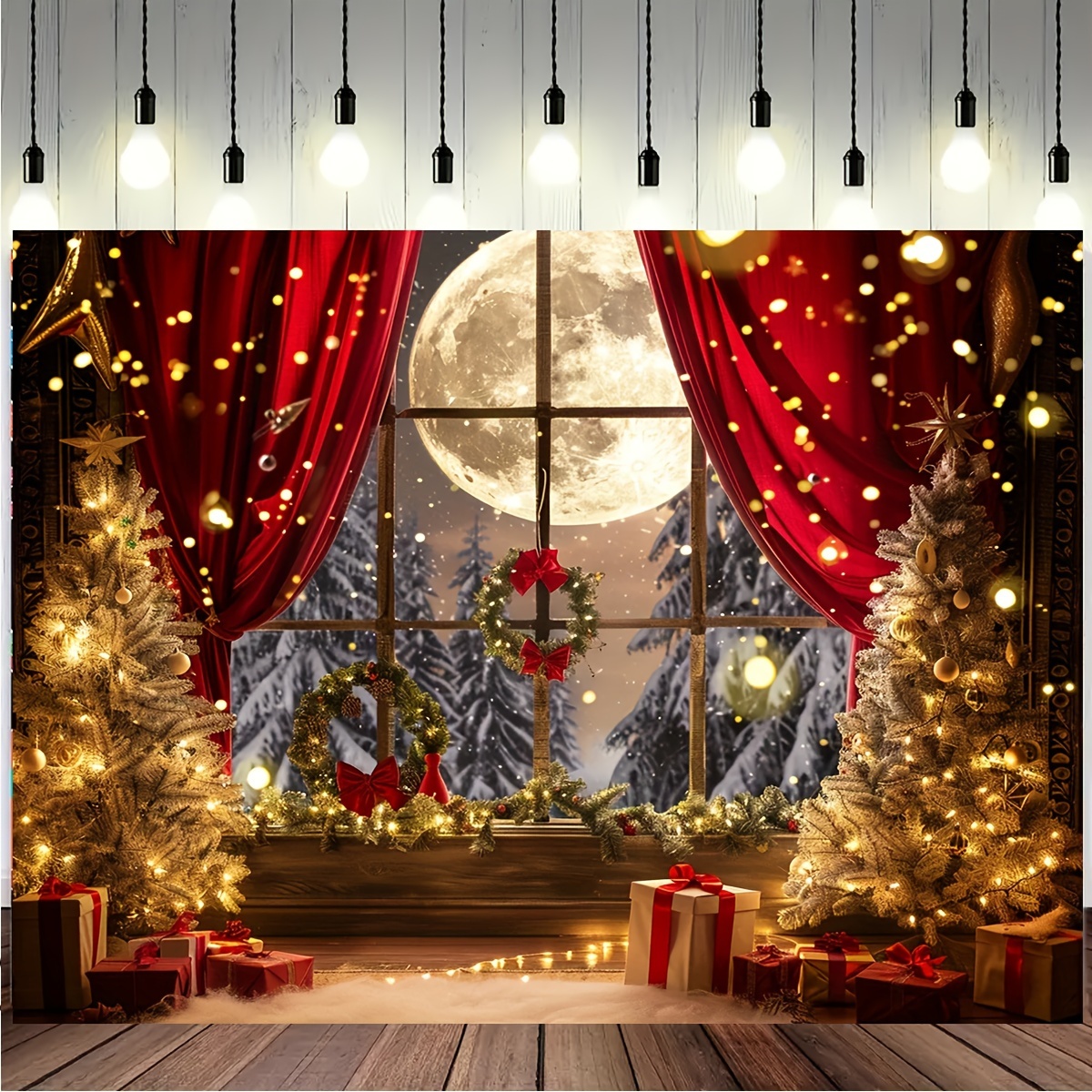 

Rustic Christmas Tree And Window Backdrop, Vinyl Photography Studio Background, Winter Rustic Wooden Window Scene, Holiday Photo Booth Decor