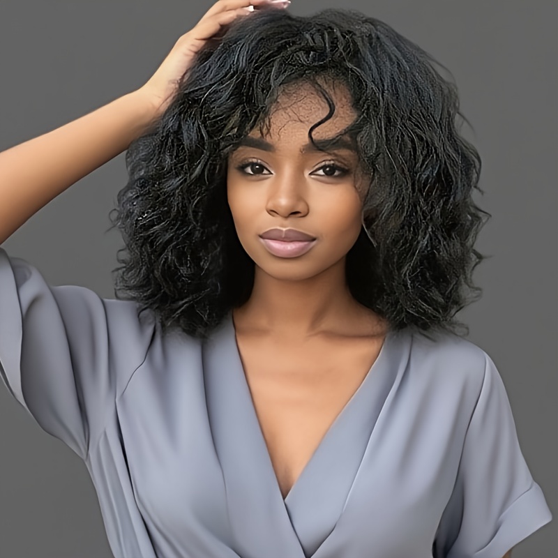 TEMU 18 Inch Long Curly Wave Wig With Bangs Women's Black High Temperature Fiber, , For Daily And Party Wear Party Wig, Daily Use, Halloween Wig, Music Festival Wig