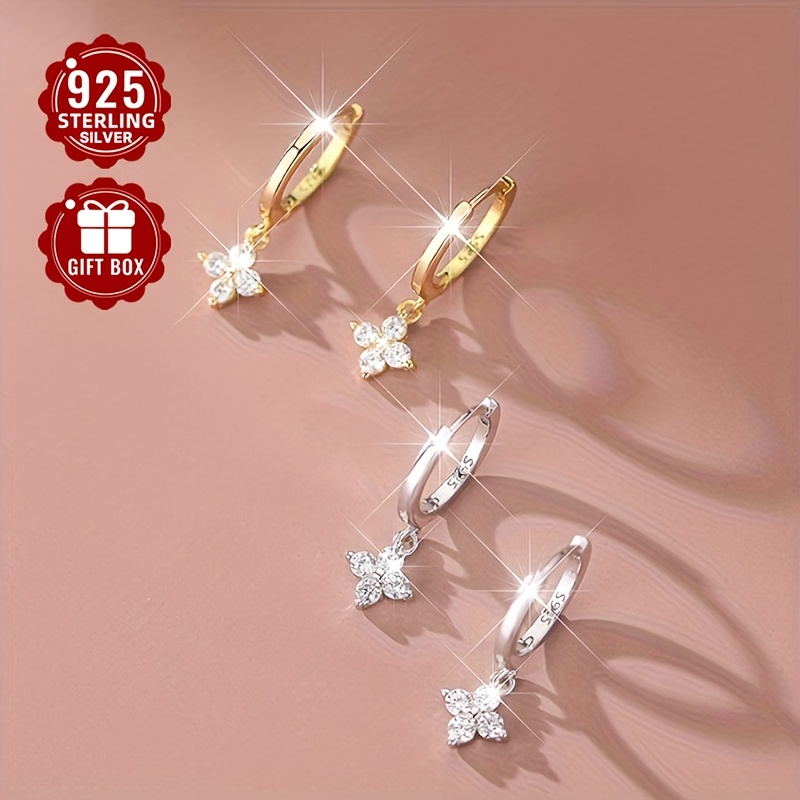 

Elegant 925 Sterling Silver Floral Drop Earrings With Cubic Zirconia, 2pcs Set - Lightweight 1.3g, And Gift-, , Synthetic Zirconia, Flower, , Events, Gift Suitable