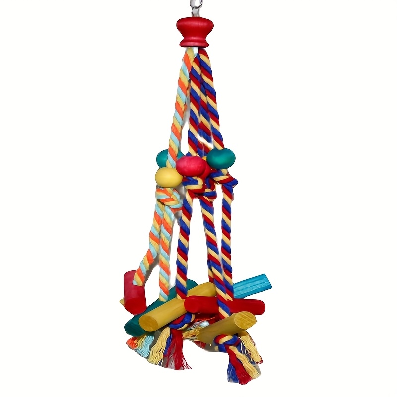 TEMU Recycled Wood Parrot Chew Toy With Colorful Beaded Chains & Wooden Blocks - Interactive Bird Enrichment For Mental Stimulation, Beak Health & Cage Boredom , Bird Toy, Decorative Bird Accessory