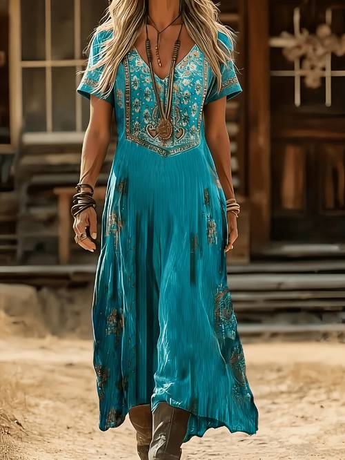 womens dress western style fashion elegant floral short sleeve v neck dress elegant party and casual wear womens a line skirt