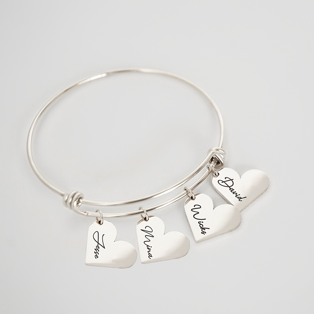 TEMU Custom Heart Pendant Stainless Steel Bracelet For Women, Personalized Bracelet With Customizable 1-4 Names, Custom Jewelry For Family Gifts,