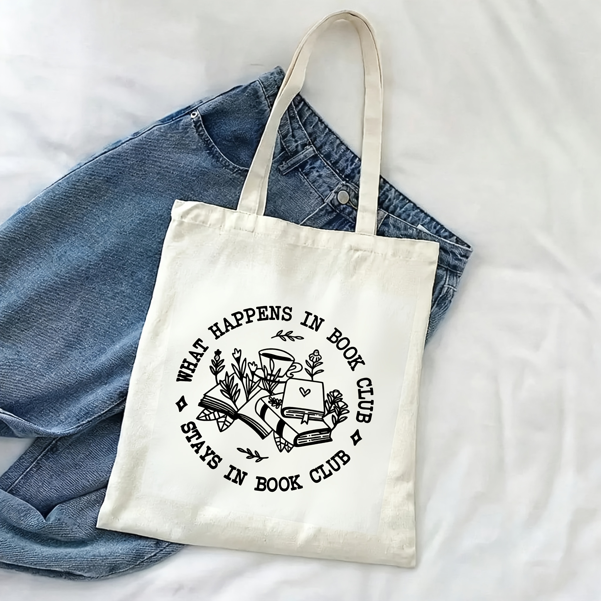 TEMU Women's What In Book Club Stays In Book Club Printed Tote Bag - A Durable, Washable Design For Book Lovers Featuring Floral And Book Patterns,