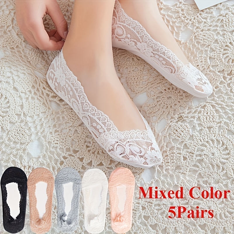 Image of 5 Pairs Summer Thin Hollow Lace High-quality Invisible Ankle Socks, Comfortable And Breathable Flower Print Shallow Mouth Silicone Socks That Do Not Fall Off The Heel For Women