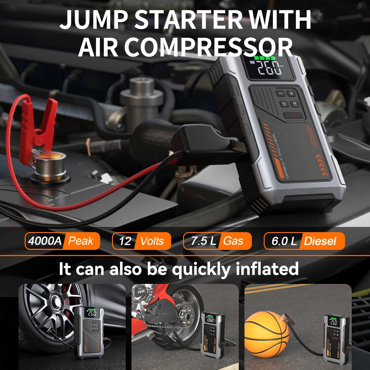 TEMU Portable Car Emergency Jump Starter & Emergency Jump Starter With Air Compressor Optional Car Battery Pack, Emergency Starter With 150psi Tire