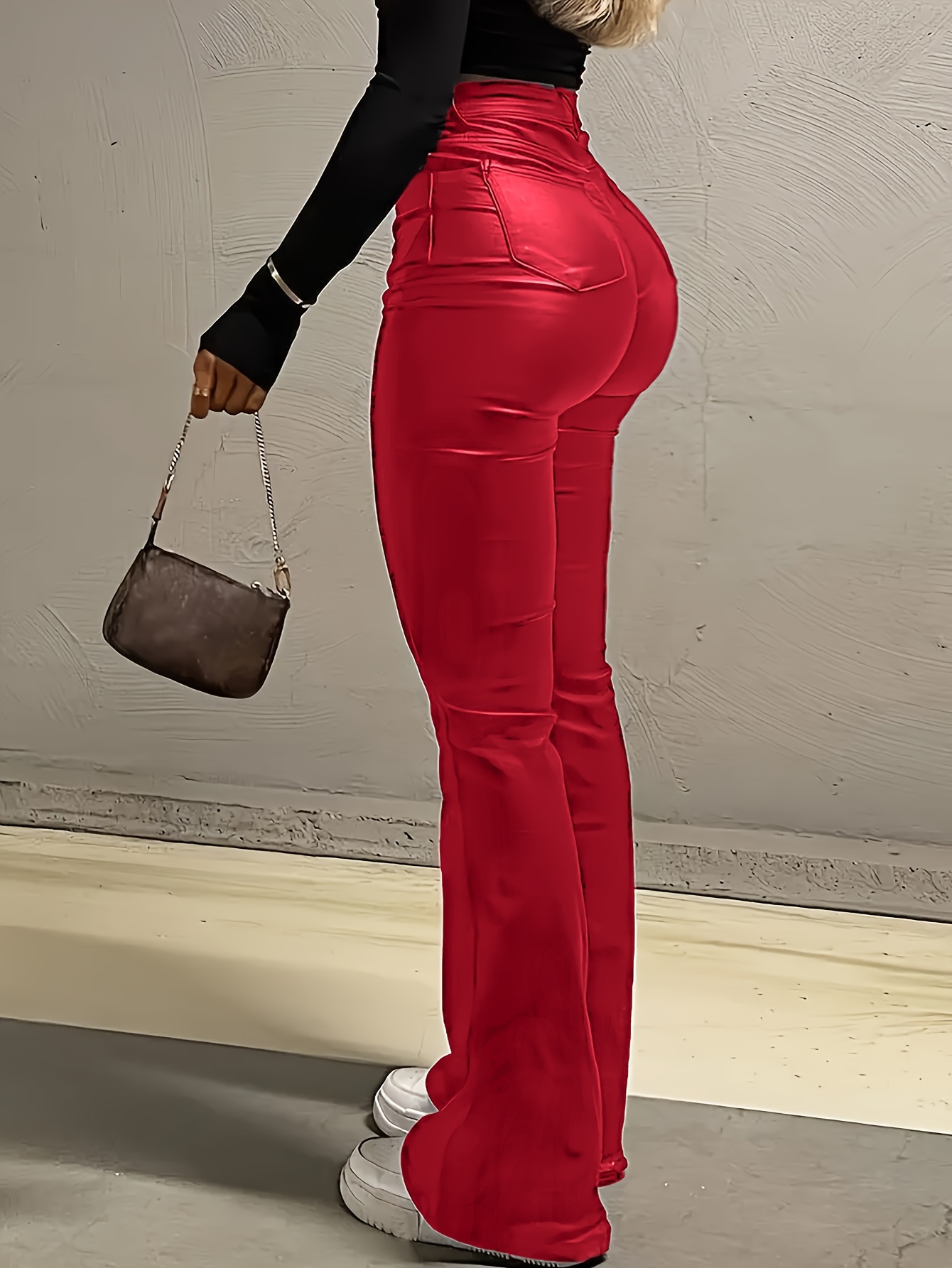 Elegant High-Waist Stretch Flare Jeans for Women - Comfort Fit with Pockets, Non-See-Through, Solid Color