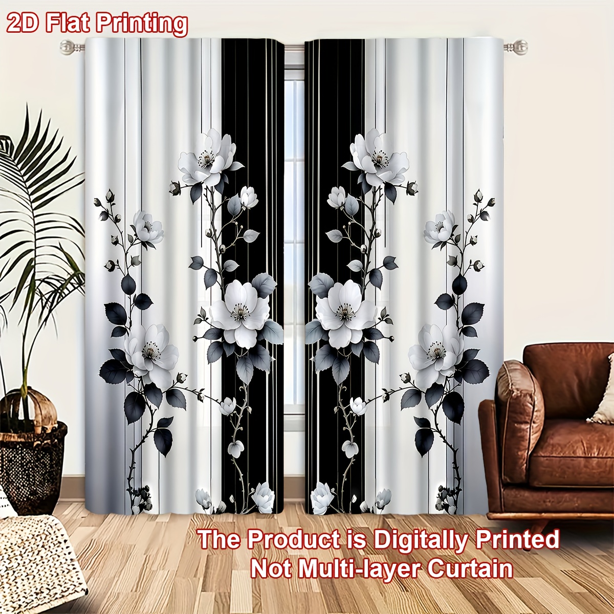 TEMU 2er-Set elegante, schwarz-weiße Vorhänge mit Blumenmuster für Wohnzimmer- und Schlafzimmerdeko
