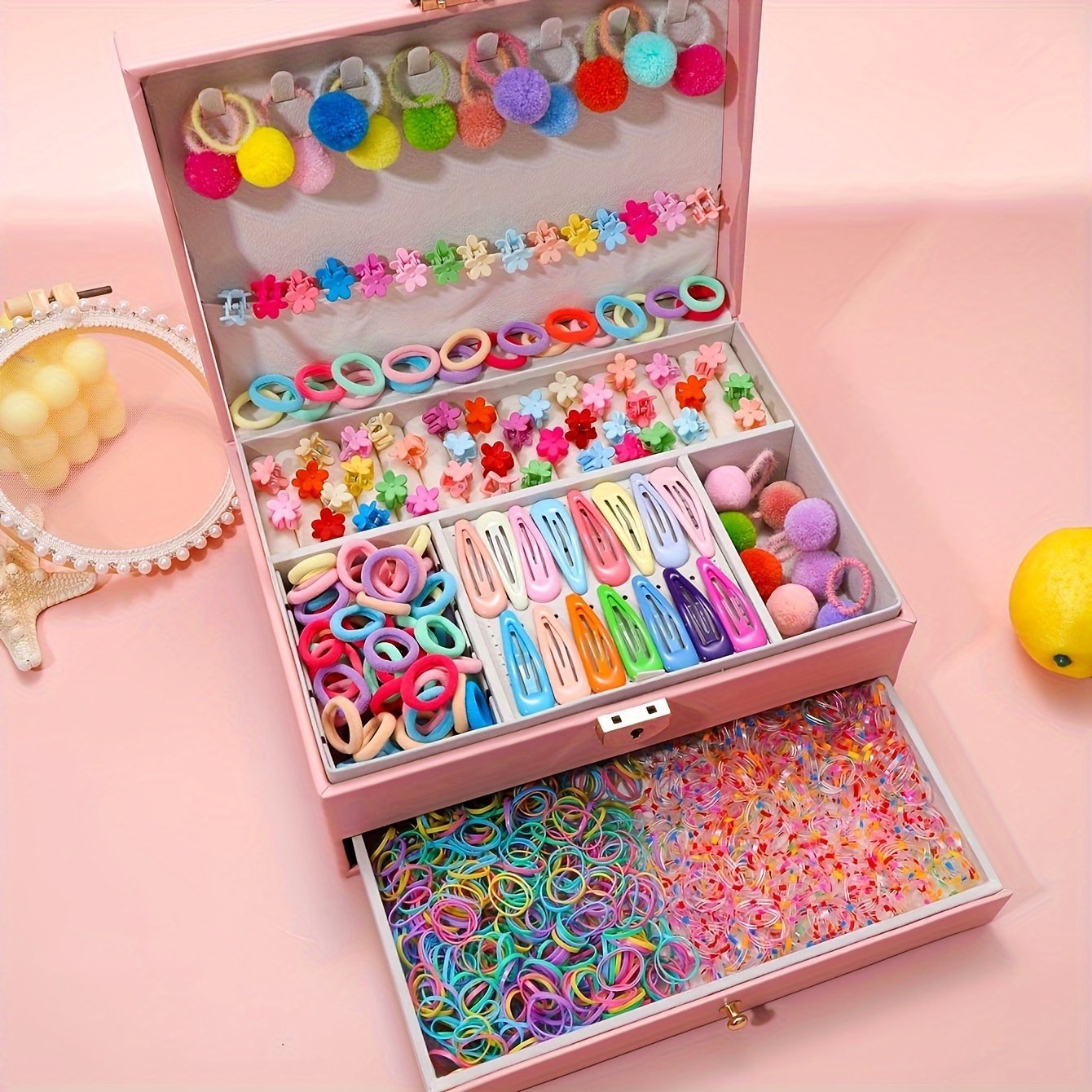 TEMU 1201pcs Dopamine-inspired Hair Accessory Set - Colorful Elastic Bands, Plush Pom Poms, Macaron Floral Clips & Water Drop Barrettes For All Seasons