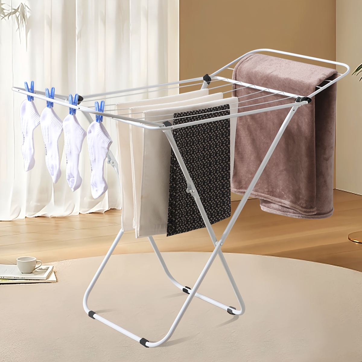 TEMU Collapsible Laundry Drying Rack, Sturdy Steel, Foldable & Portable Clothes Drying Rack, Space-saving Design, Indoor & Outdoor Drying, Ideal For Laundry Room, White, Drying Racks