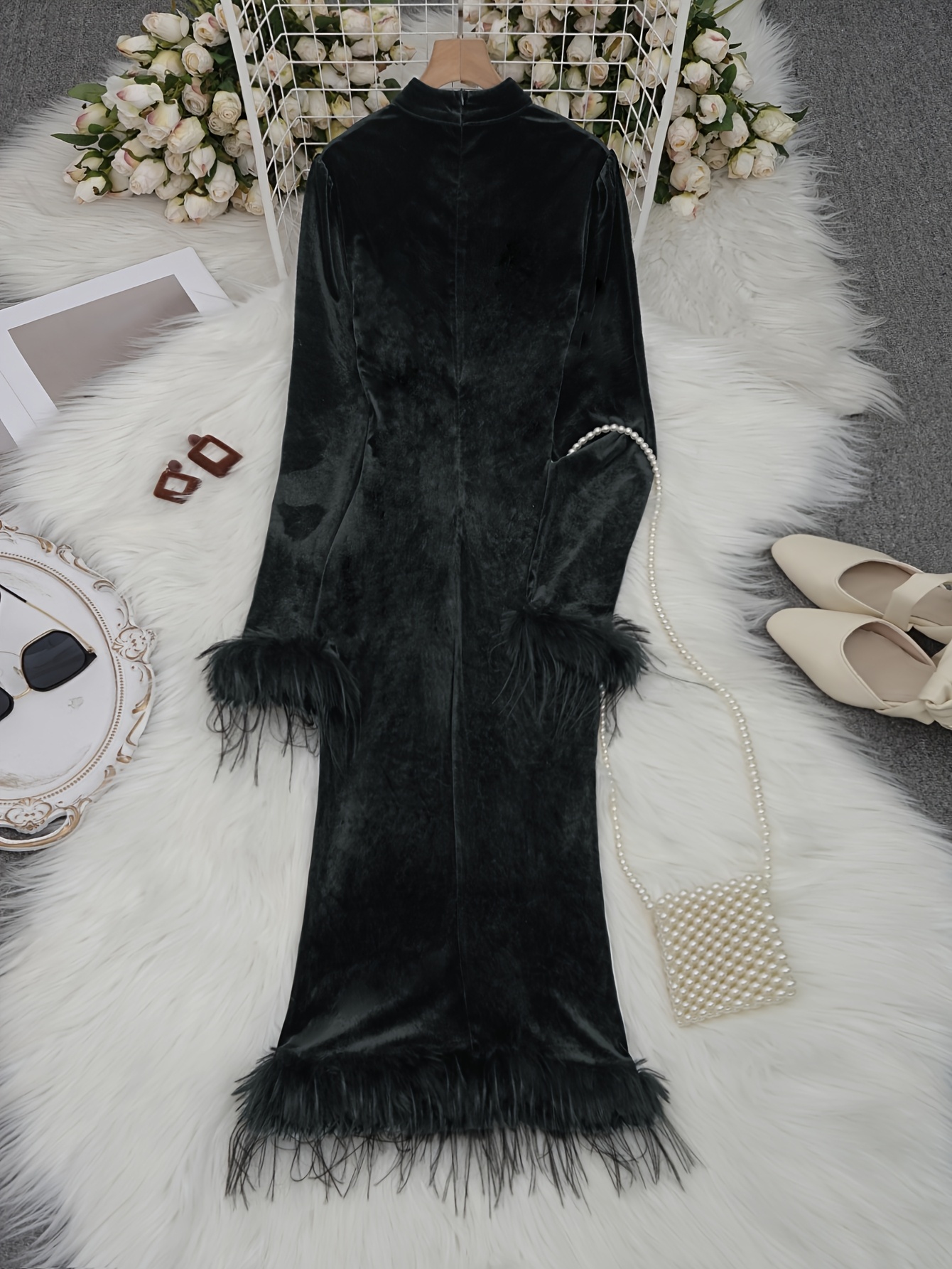 knee length dresses for ladies Pasilla Port Velvet Plunge-Neck Feather Trim Mini Dress – Club L London main image 0
