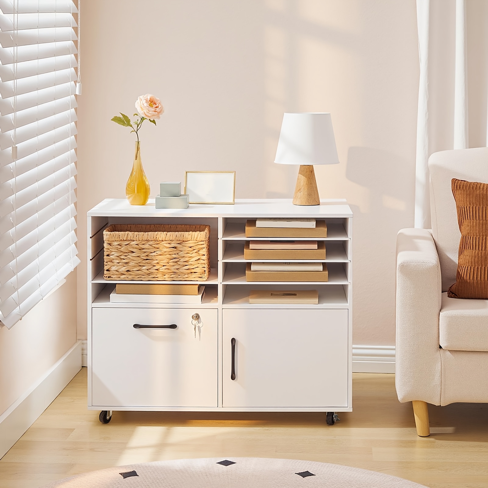 Modern White Desktop Document Storage Organizer, Mobile Lockable Under Desk Storage Unit With Open Compartments And Lock Cabinets, Rolling Wheels Office Storage Furniture