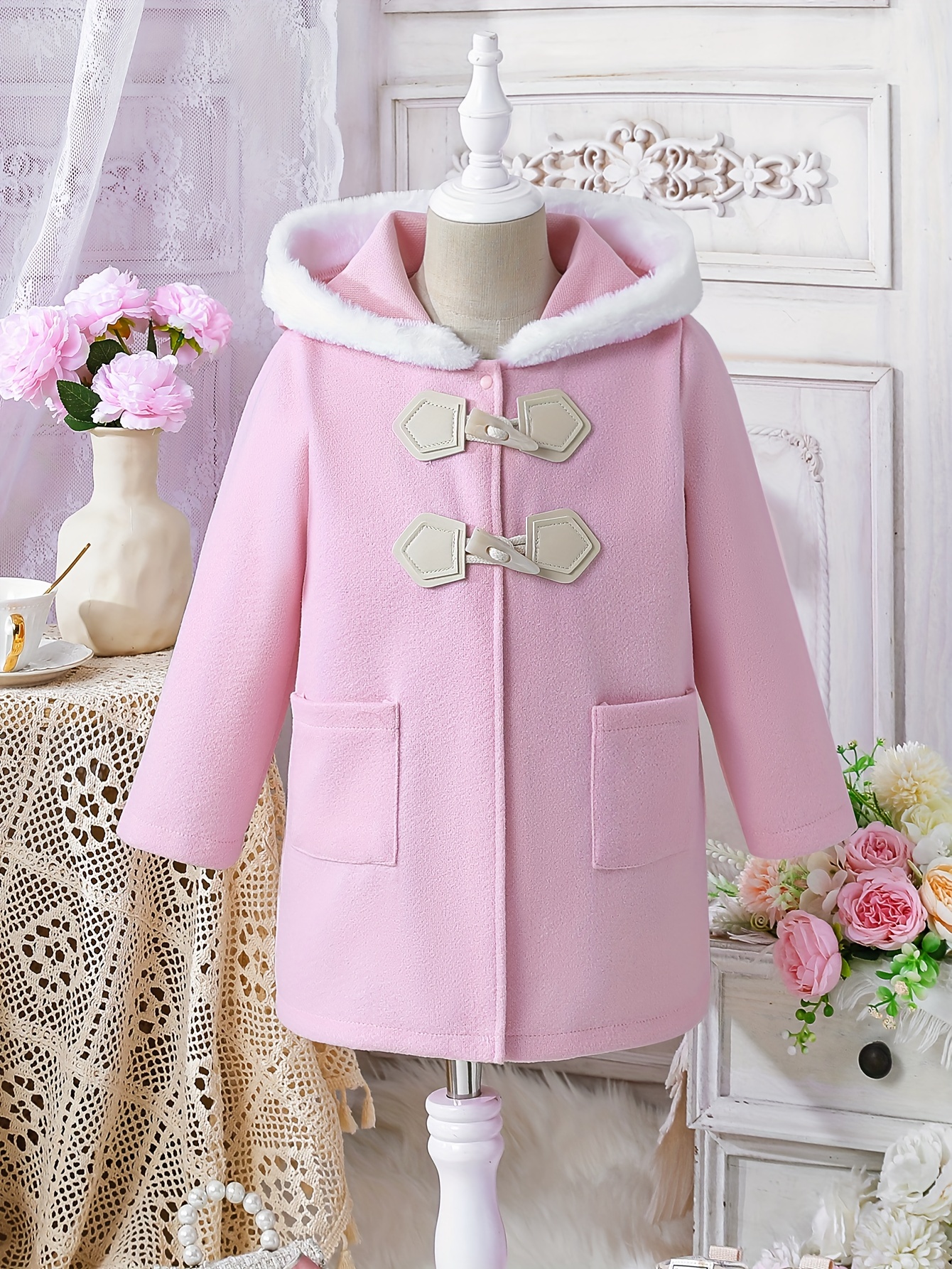 Fall/Winter Cute Hooded Duffle Dress Coat for Youth, 100% Polyester Solid  Color with Pockets, Non-Stretch Woven Fabric, Regular Fit Hooded Outerwear w
