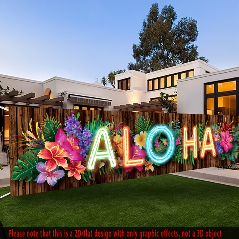 TEMU 1pc Large Hawaiian Party Banner & Neon Aloha Sign - Tropical Garland Backdrop Suitable For Weddings, Beach Parties, Photo Booths - Durable With