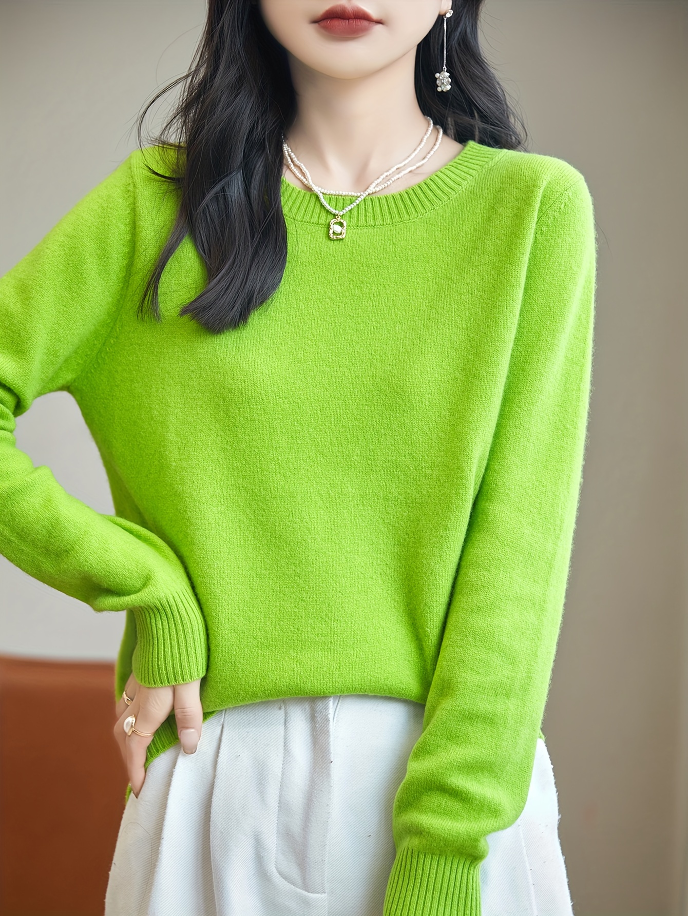 solid crew neck wool pullover sweater elegant long sleeve cozy sweater womens clothing grass green 2