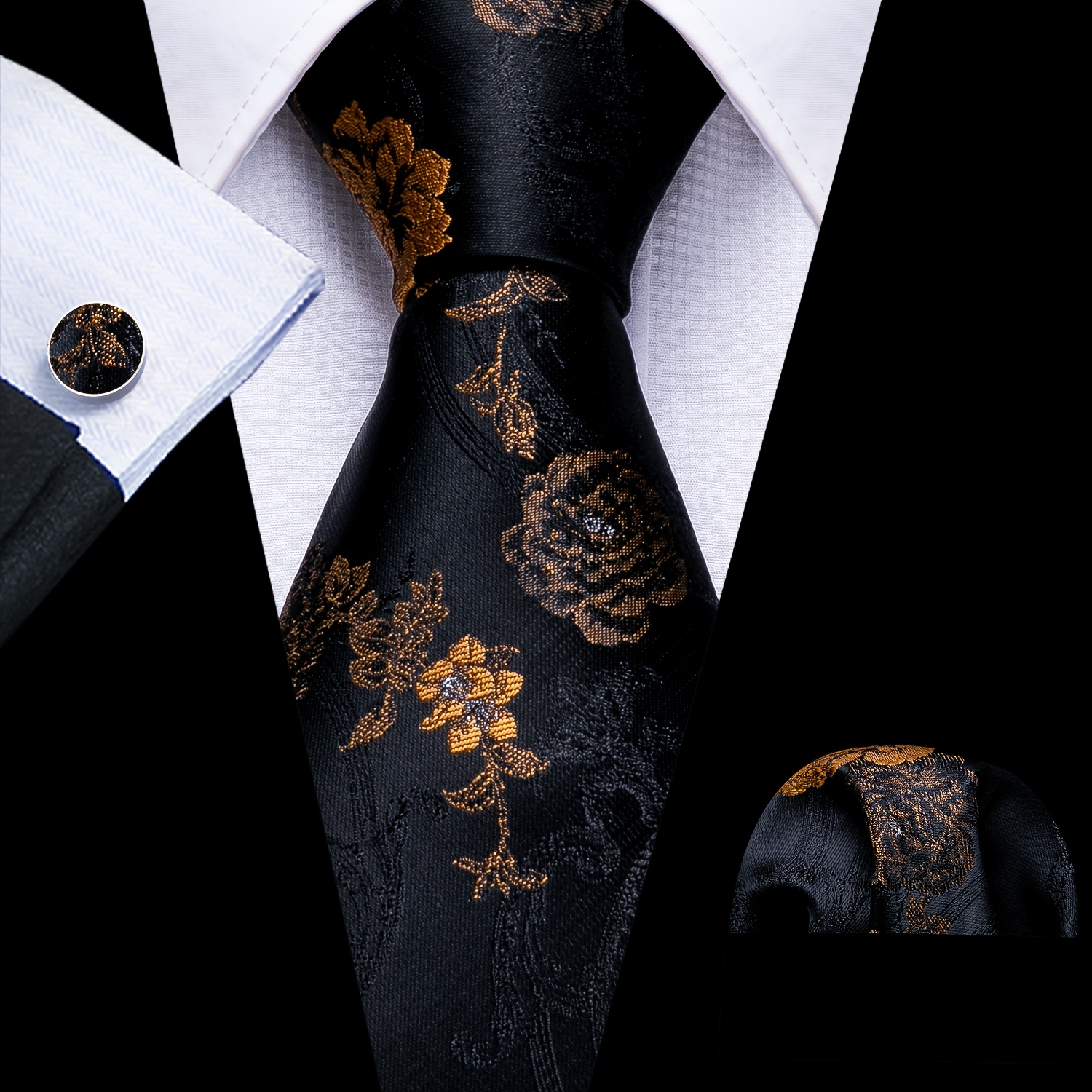Image of 3pcs Wedding Gift Set For Boyfriend And Father - Includes Black And Golden Floral Tie, Pocket Square, And Cufflinks, Perfect For Weddings, Parties, Business Events, And Holiday Presents